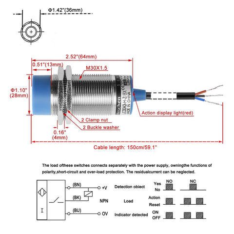 Diagram of M30 Capacitive Proximity Sensor Switch Non Shield Type NPN Normally Open Three Wire 10 To 30V DC 200mA Output