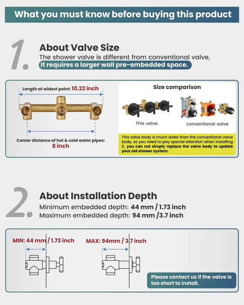 Important installation information about Slick Three Handle Tub Shower Faucet Set with valve size and depth details.