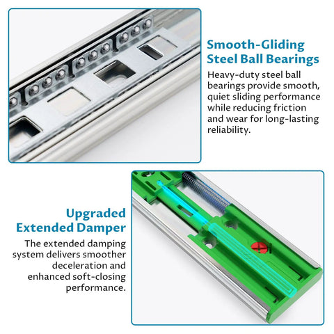 Smooth gliding steel ball bearings of 18 Inch Soft Close Drawer Slides Featuring Adjustable Tension Side Mount Full Extension Runners.