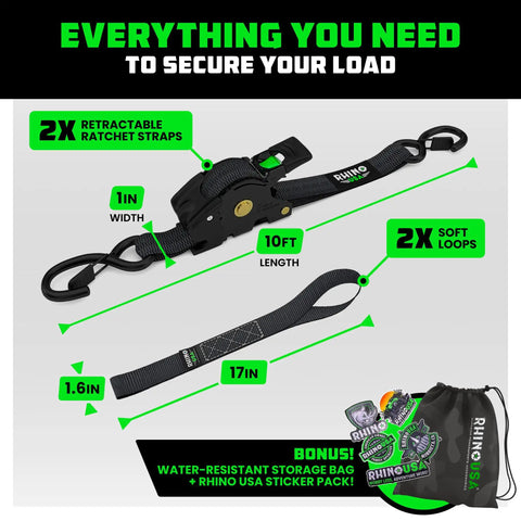 Heavy Duty Retractable Ratchet Straps 1 Inch X 10 Feet 2 Pack Black with soft loops for securing cargo on trailers.