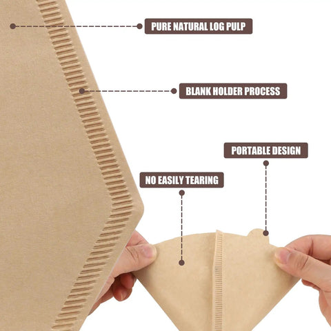 Close-up of 200 Count Unbleached Cone Coffee Filters for Drip and Pour Over showing durability and natural log pulp material.