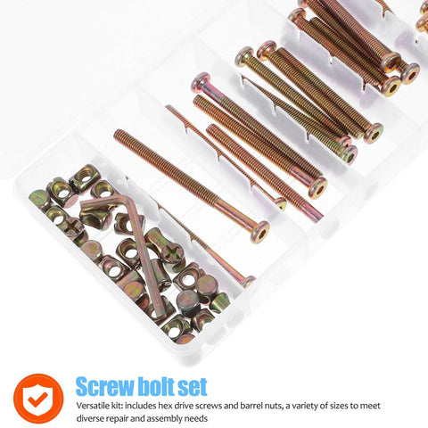 Close-up of 49 Piece M6 Hex Drive Screws And Barrel Nuts Set For Bed Frame Assembly And Home Repairs, metallic connectors in box.