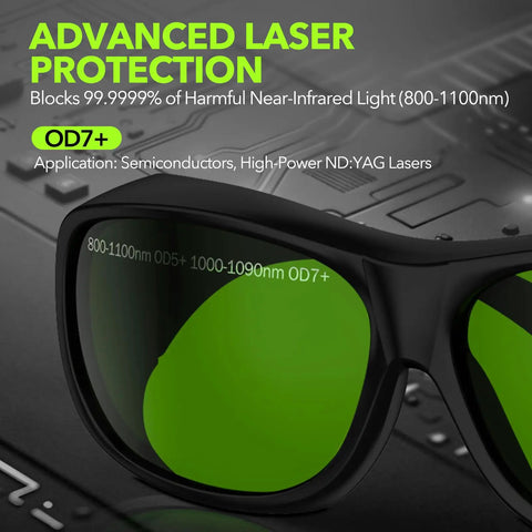Heavy Duty Laser Safety Glasses Delivering Straight Up OD7 Plus Kick Against 800 To 1100 Nm Rays showing green lenses and black frame with laser protection details.