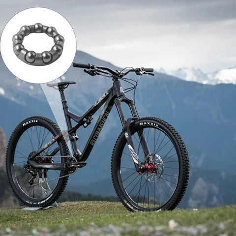 Mountain bike outdoors with close-up inset of Four Piece Bicycle Ball Bearing Retainer Kit With One Quarter Inch Bore And Seven Ball Bearings
