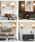 Four settings with Mid Century Modern Globe Wall Sconce Set Of Two, Brushed Brass Finish With Frosted White Glass Globes in various rooms.