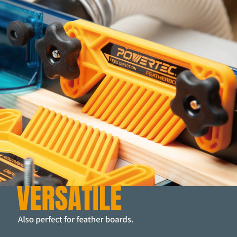 Universal 48 Inch T Track Kit With 17 Piece Hardware Set For Workbenches And Jigs, showing close-up of feather board use