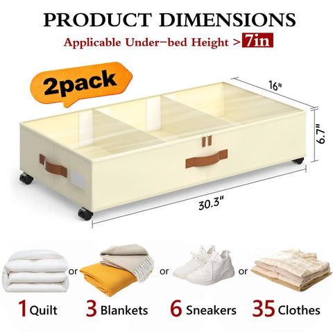 Smooth Roll Underbed Storage Cubes With Secured Transparent Lid And Custom Fit Dividers Two Pack with dimensions for storage use.