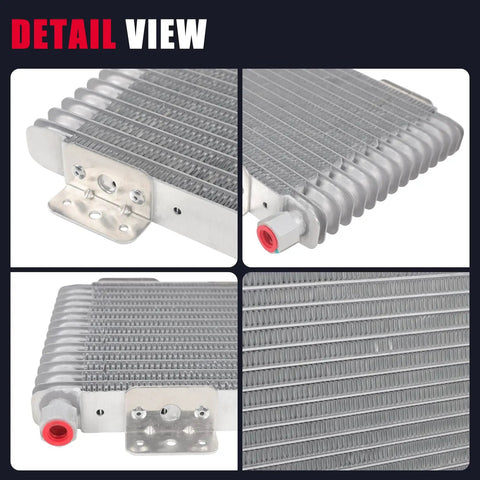 Detail view of Beefed-Up 40K Transmission Oil Cooler Kit with low pressure drop, brazed aluminum construction, and mounting hardware.
