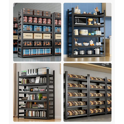Six Tier Heavy Duty Metal Shelving Rack Two Ton Capacity Garage Storage Organizer Built Tough For Workshops And Sheds with various items.