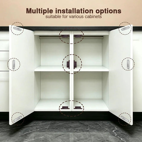 Heavy Duty 12 Pack Brown Cabinet Magnetic Latch Door Catch For Cupboards Drawers Shutters Keeps Doors Dead Set Shut With Zero Hassle Mount And Slick Closing Action, shown on multiple cabinet doors.