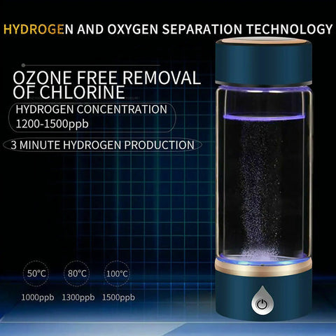 Slick Portable Hydrogen Rich Water Bottle Generator With Rapid Three Minute Electrolysis And Top Shelf Pem Tech, showcasing hydrogen production details.