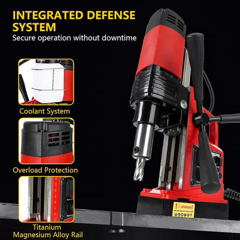 Heavy Duty Magnetic Drill Press 110V With Power Cord showcasing integrated coolant system and overload protection features.
