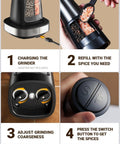 Steps to use 2 In 1 Rechargeable Salt And Pepper Grinder Set With USB C Charging Base One Handed Automatic Grinders Dual Chamber Refillable Mills Adjustable Coarseness And Built In Light Perfect Housewarming Gift For Cooks.