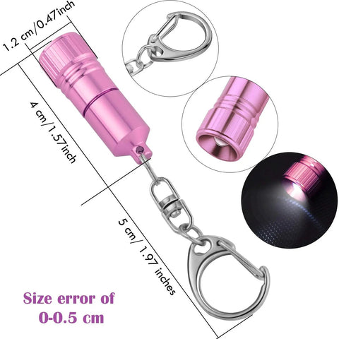 Pink mini LED flashlight with hook, dimensions, part of Ten Pack Mini LED Keychain Flashlights With Hooks For Camping And Grab And Go Everyday Carry, Ultra Compact 4 Cm Size, Battery Included, Five Color Assortment With Two Per Color, Travel Ready Night Light For Spontaneous Runs And Quick Fixes.