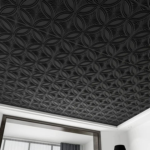 Black PVC Drop Ceiling Tile 2x2 Ft With Glue Up 3D Wall Panel Look, 24x24 In, installed in a modern room ceiling