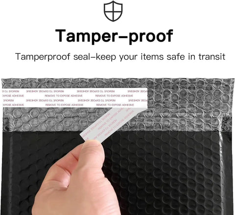 Black Bubble Mailers 6x10 Inch Outer, Usable 6x9 Inch, 4.6mm Thick Waterproof Padded Envelopes For Shipping with tamper-proof seal being shown