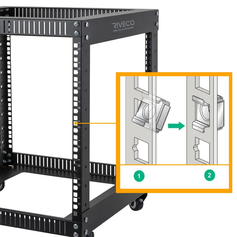 Heavy Duty M6 Rack Screws And Cage Nuts 50 Pack For Server Cabinet Rack Mounting Network Gear Phillips Truss Head With Nylon Washers No Sweat Install Slick Black Hardware Kit shown with server rack detail.