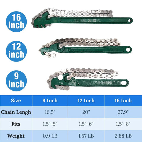 Heavy Duty Chain Wrench Set 3 Piece Adjustable Oil Filter Chain Wrenches 9 Inch, 12 Inch, And 16 Inch with fit and size chart