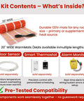 Kit contents with 60 Sqft Self Adhesive Electric Radiant Floor Heating Mat for easy install in tile, stone, wood floors, UL listed.