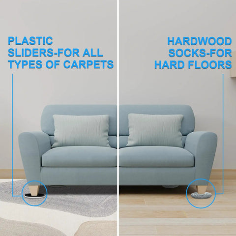 Effortless Home Move Sliders Two In One Heavy Duty Furniture Movers With Carpet Gliders And Plush Hard Floor Socks Multi Surface Moving Kit for couch on carpet and hard floor.