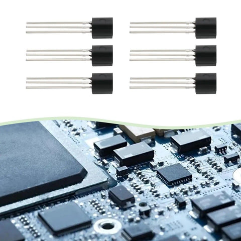 Image of Go-To Transistor Assortment Kit 100 Pcs TO-92 NPN BC550C PNP BC560C for Audio Amplifiers and Signal Processing on circuit board.