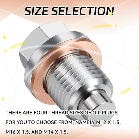 Magnetic Oil Drain Plug Kit with stainless steel plug and copper washer, thread size M14 x 1.5 displayed, part of leak proof setup