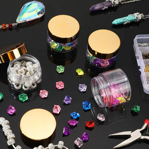Hella Durable 12 Pack Of 8 Oz Round Clear Plastic Jars With Secure Twist Lids, Premium Pet Containers For Slime, Cosmetics, Travel Kit, And Pantry Storage With Gold Caps filled with colorful craft beads and gems.