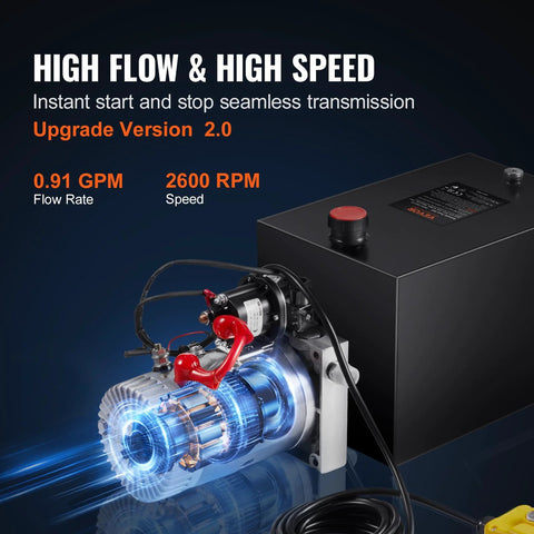 Vevor 20-quart hydraulic power unit with single-acting pump; black reservoir, red cap, exposed motor and hoses