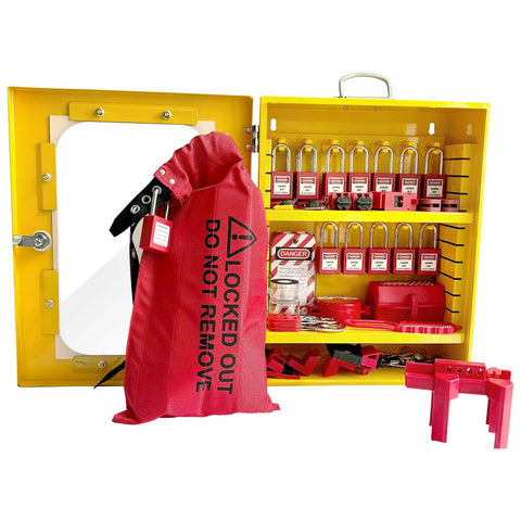 All In One Lockout Tagout Cabinet Kit With 138 Piece LOTO Set For Industrial Safety Includes Padlocks Hasps Tags Circuit Breaker Locks Cable Locks Plugs And A Heavy Duty Storage Station displayed open, showing contents.