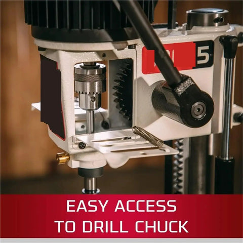 Heavy Duty Benchtop Drill Press And Mortiser With Half Inch Chisel And Four Three Quarters Inch Stroke For Weekend Warriors Who Want Rock Solid Motor Power And Fast Depth Lock On Any Custom Build, easy access to drill chuck view.