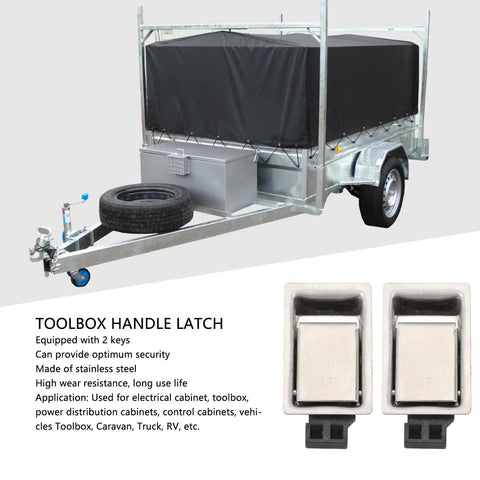 Heavy Duty Commercial Grade Stainless Steel Flush Mount Paddle Handle Lock Pair shown on a utility trailer for secure access.