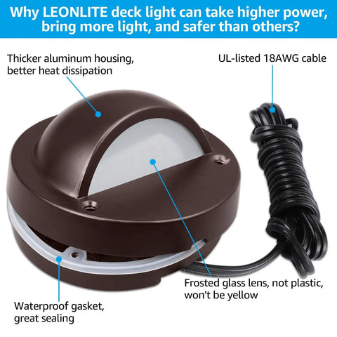 Low Voltage LED Deck Lights Set For Outdoors with UL Listed Cord, 170 Lumen, Brown Finish, Die Cast Aluminum, Frosted Glass Lens