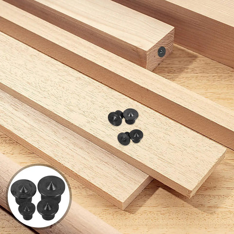 Pro Grade 8 Piece Woodworking Dowel Pin Locator Set With Tenon Center Transfer Plugs on wood boards for joinery alignment