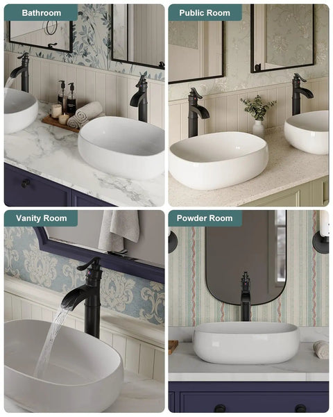Vessel Sink Faucet Waterfall Matte Black With Pop Up Drain Without Overflow And Supply Lines One Handle Vanity Bathroom Mixer Tap Durable Solid Brass Construction Sleek Dope Finish in various bathroom settings