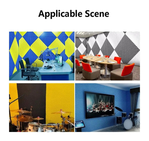 Image showing different settings with 7cm Thick Self Adhesive Egg Crate Acoustic Foam Panels Purple for studio, dining, and rehearsal spaces.