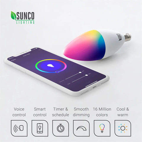 10 Pack WiFi LED Smart Bulb B11 Candelabra 4 5W E12 Base Color Changing RGB And CCT Dimmable With Alexa And Google Assistant No Hub Required Ideal For Voice Control Remote App Management And Mood Lighting In Any Room, shown with smartphone app.
