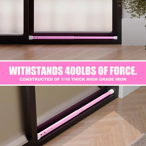 Badass Heavy Duty Three In One Door Security Bar Lock With Adjustable Iron Frame And Sliding Window Stopper For Real Home Defense Apartment And Travel Safety In Pink shown enduring 400lbs of force in a home setting.