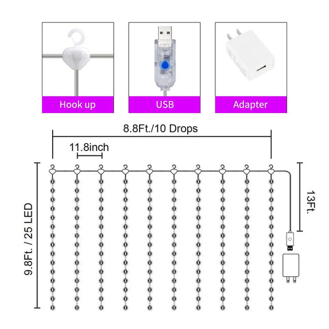 Diagram of 16 Color Changing Curtain Lights With 250 LEDs, 9.8 By 8.8 Feet Fairy String Lights, USB and adapter shown, 7 modes.