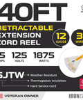 Heavy Duty Retractable Extension Cord Reel 40 Feet With 3 Outlets 12 Gauge SJTW 3 Prong Lighted Plug 15 Amp Circuit Breaker