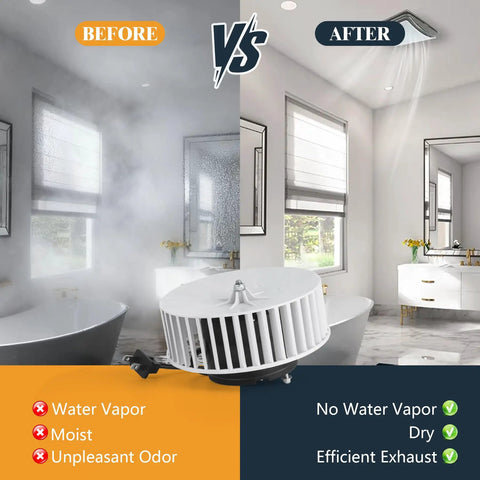 Comparison of bathroom before and after using Upgraded Quiet Bathroom Exhaust Fan Motor Replacement for Universal Ceiling Vent Fans.