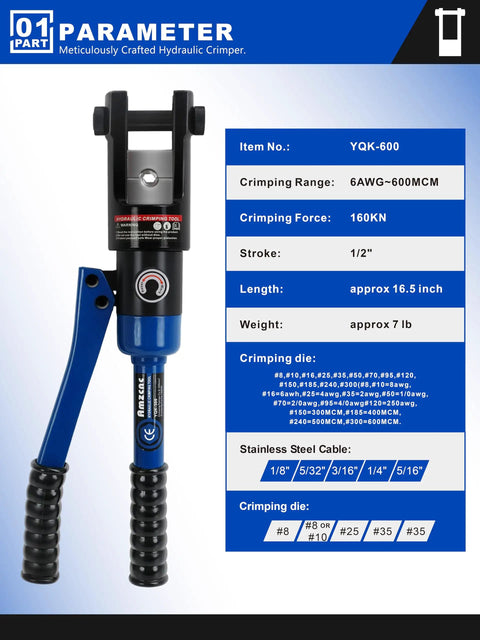 Beefy 16 Ton Hydraulic Cable Lug Crimper Kit For 9 AWG To 600 MCM Electrical Terminals with specs and features displayed