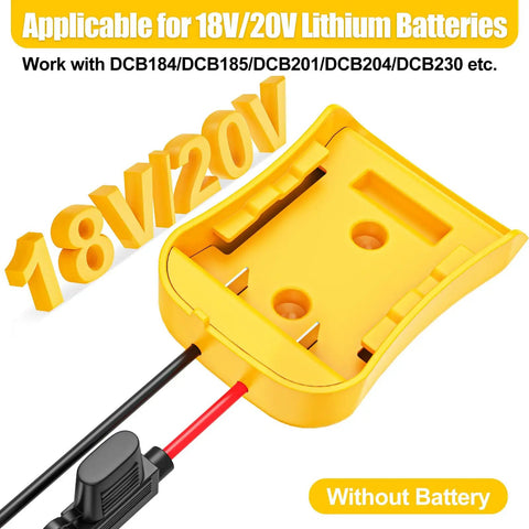 DeWalt 20V Battery Adapter With Beefy 14 Gauge Wire And Fuse Protection, top view showing 18V/20V compatibility text.