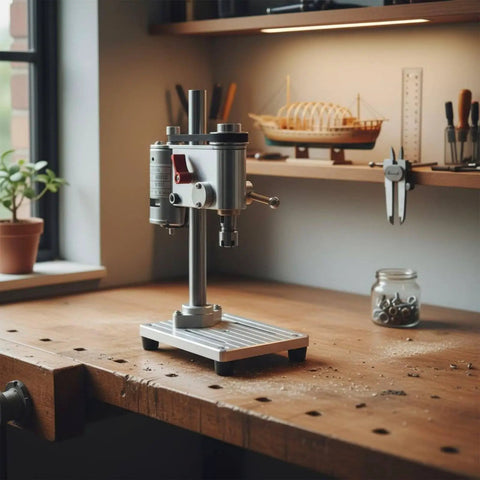 Mini Drill Press For Hobbyists And Jewelers Portable Bench Drill With ER11 Chuck And Micrometer on a workshop table