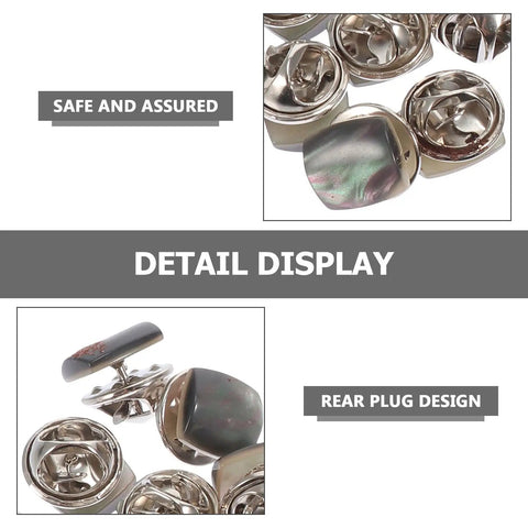 Detail display of twenty pack hidden shawl buttons and shirt safety clasps showing rear plug design and premium material.
