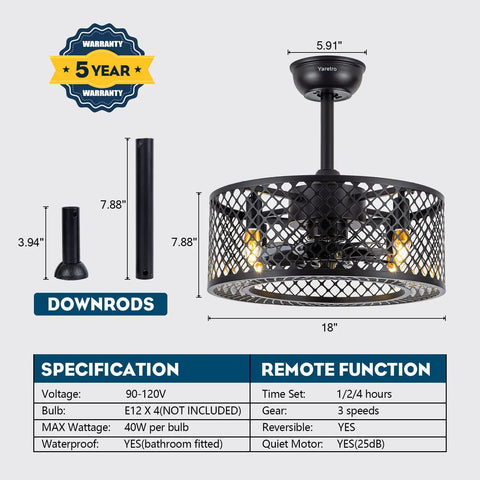 Dope Caged Ceiling Fan With Lights Remote Control, 18 Inch Black Fixture, shown with specifications and warranty details.