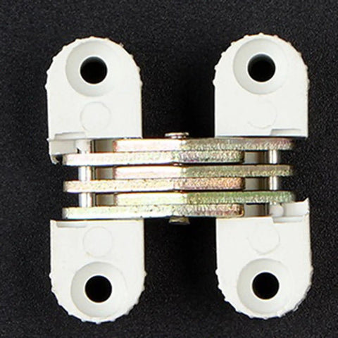 Close-up of Hidden Folding Door Barrel Cross Hinge Set for Dining Tables 6 Pieces, Concealed Plastic Hinges, White