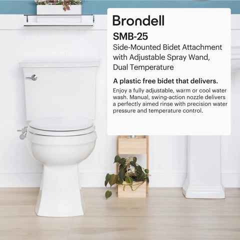 Bathroom with side-mounted manual bidet attachment with adjustable sprayer and water pressure, chrome finish, dual temperature controls.