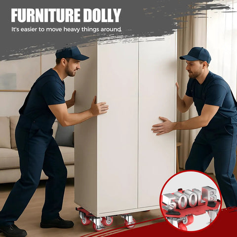 Two movers using Loyal Tiger 2000 Lbs Furniture Dolly Set with 6 Inch Wheels to lift a wardrobe in a living room.