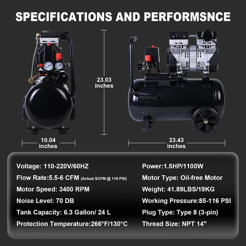 Top Pick Heavy Duty Ultra Quiet Air Compressor 6.3 Gallon Oil Free 1.5HP Motor High Output 116 PSI Fast Fill specifications with size and performance details.