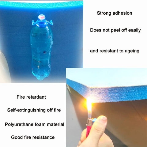 Self adhesive blue polyurethane foam demonstrating strong adhesion and fire resistance for Top Tier High Density Acoustic Foam Panels For Killer Sound Proof Padding And Fast Echo Control, Fabric Wrapped Studio Tiles, No Fuss Self Adhesive Blue 5Cm Acoustical Wall Foam, 25 Piece Bundle.